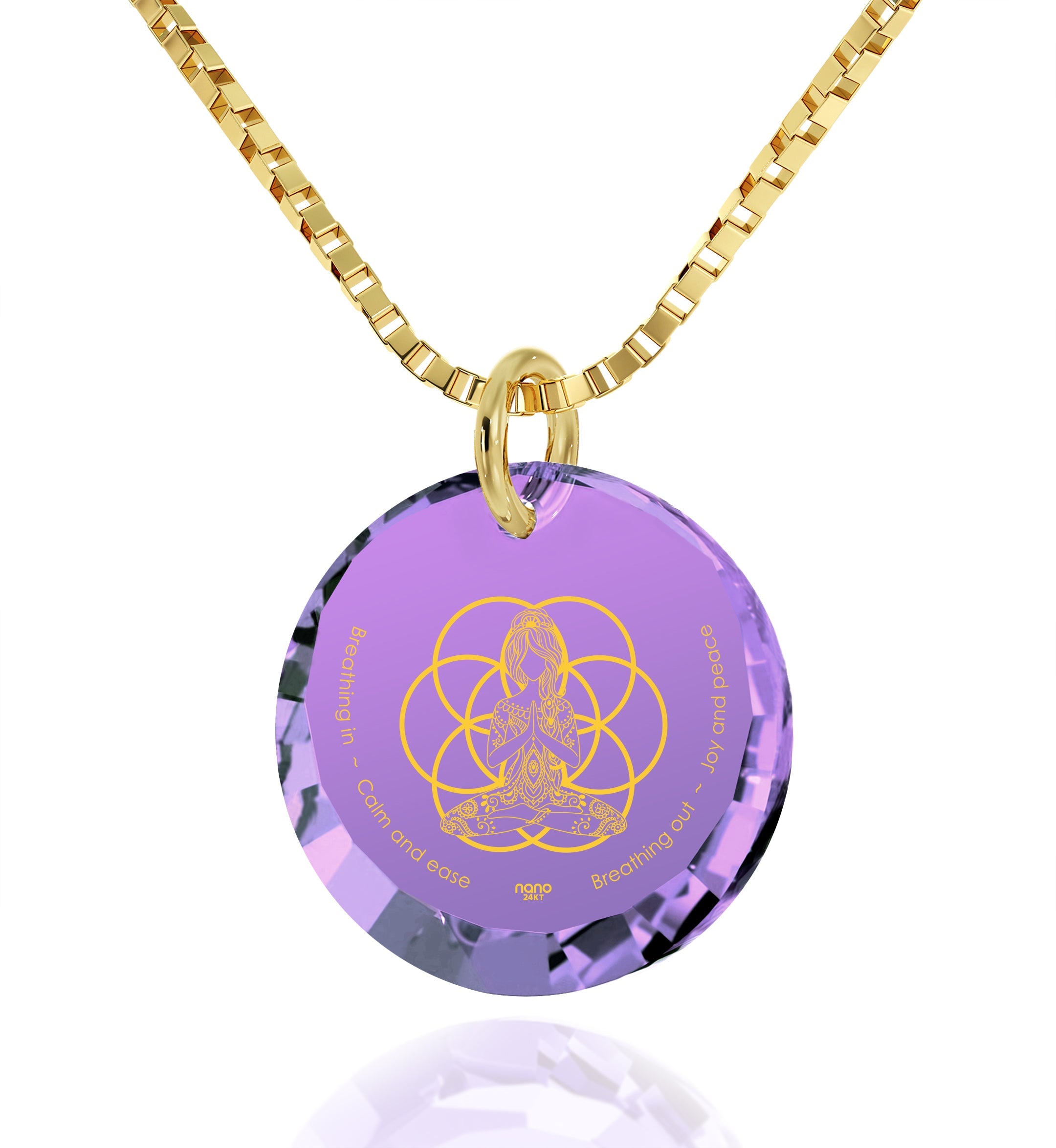 Yoga Charm Necklace Seed of Life Pendant 24k Gold Inscribed CZ