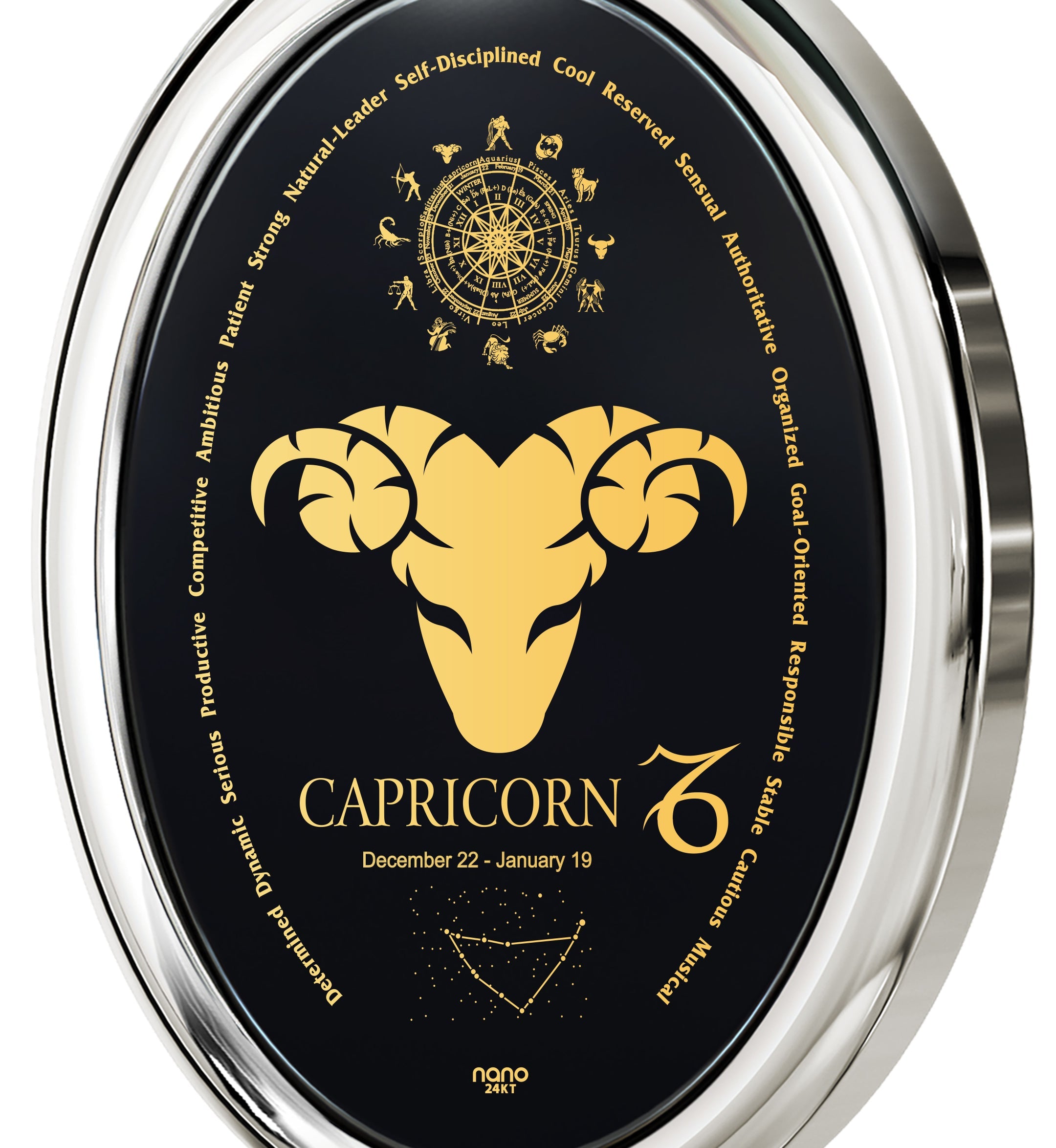 Round, gold and black Capricorn Necklace Zodiac Pendant 24k Gold Inscribed on Onyx Stone with date range and descriptive words around the perimeter.
