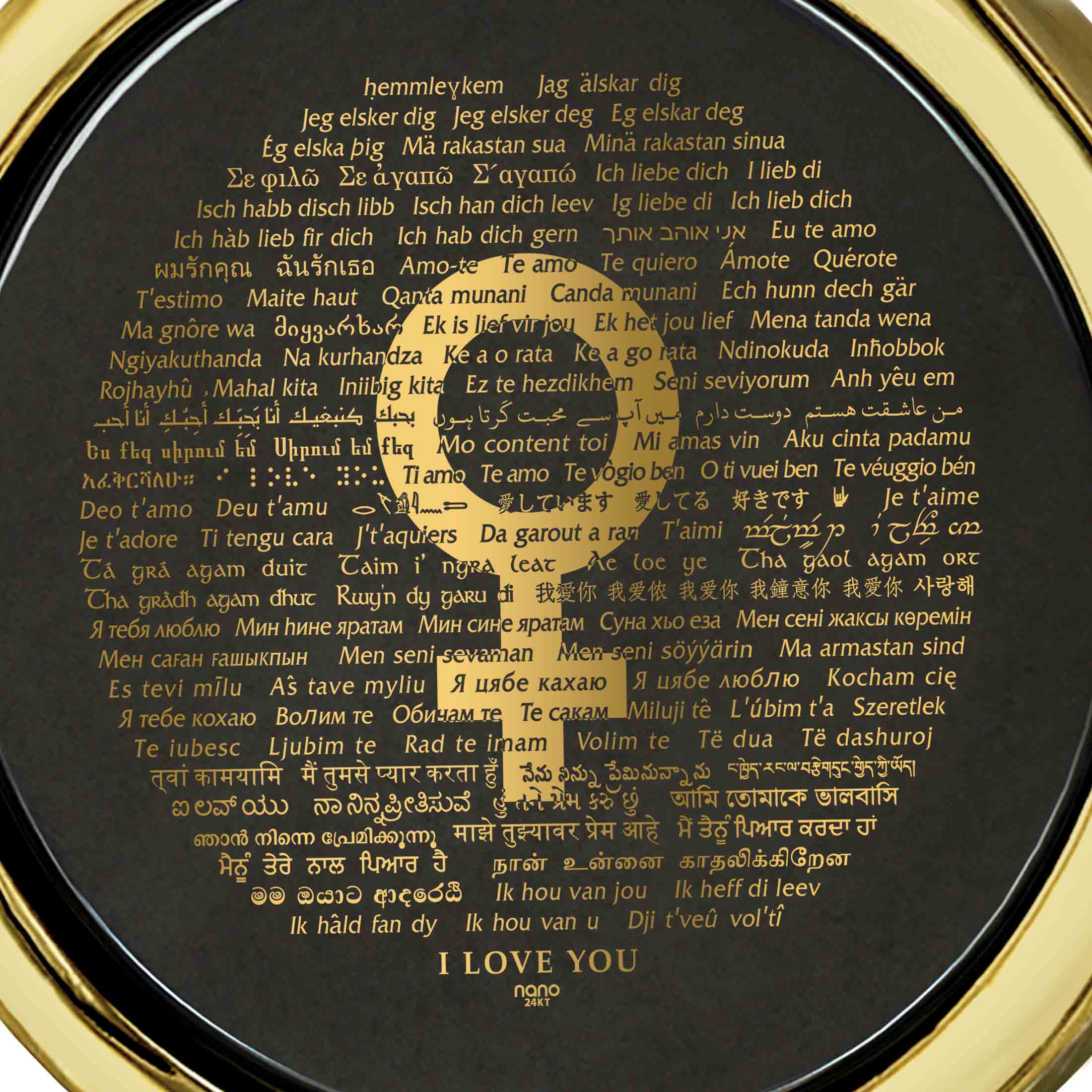 Circular "Loving Women Are from Venus Necklace 120 Languages I Love You Pendant" with engraved text centered and names in various languages, symbolizing global unity and peace, as well as a unique gift idea.