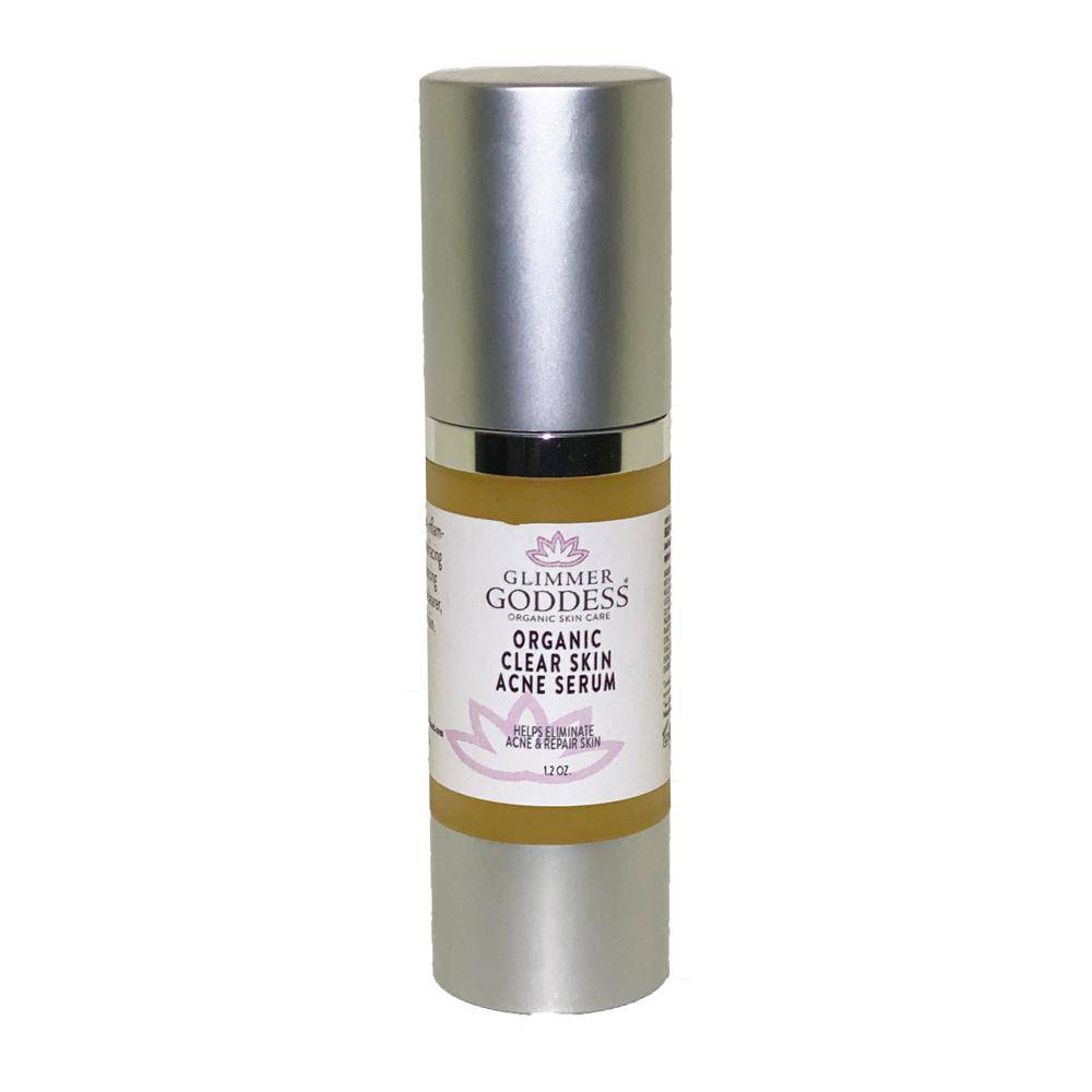 A bottle of Organic Clear Skin Anti Acne Serum - Oil Regulation Serum with acne fighting formula on a white background.