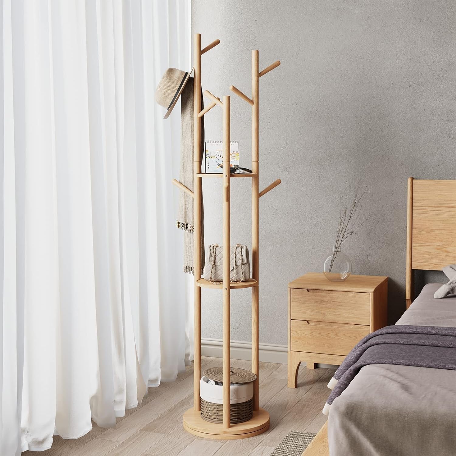 KASLANDI Coat Rack Stand with 3 Shelves and 9 Hooks Rotary Freestanding,Fas Grade Rubber Wood, Sturdy and Easy Assembly Wooden Coat Tree (Walnut)