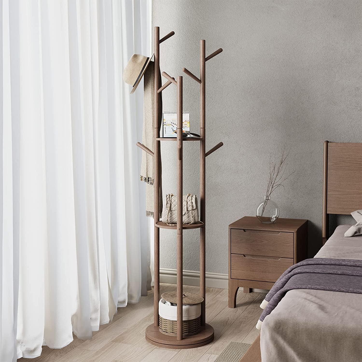 KASLANDI Coat Rack Stand with 3 Shelves and 9 Hooks Rotary Freestanding,Fas Grade Rubber Wood, Sturdy and Easy Assembly Wooden Coat Tree (Walnut)