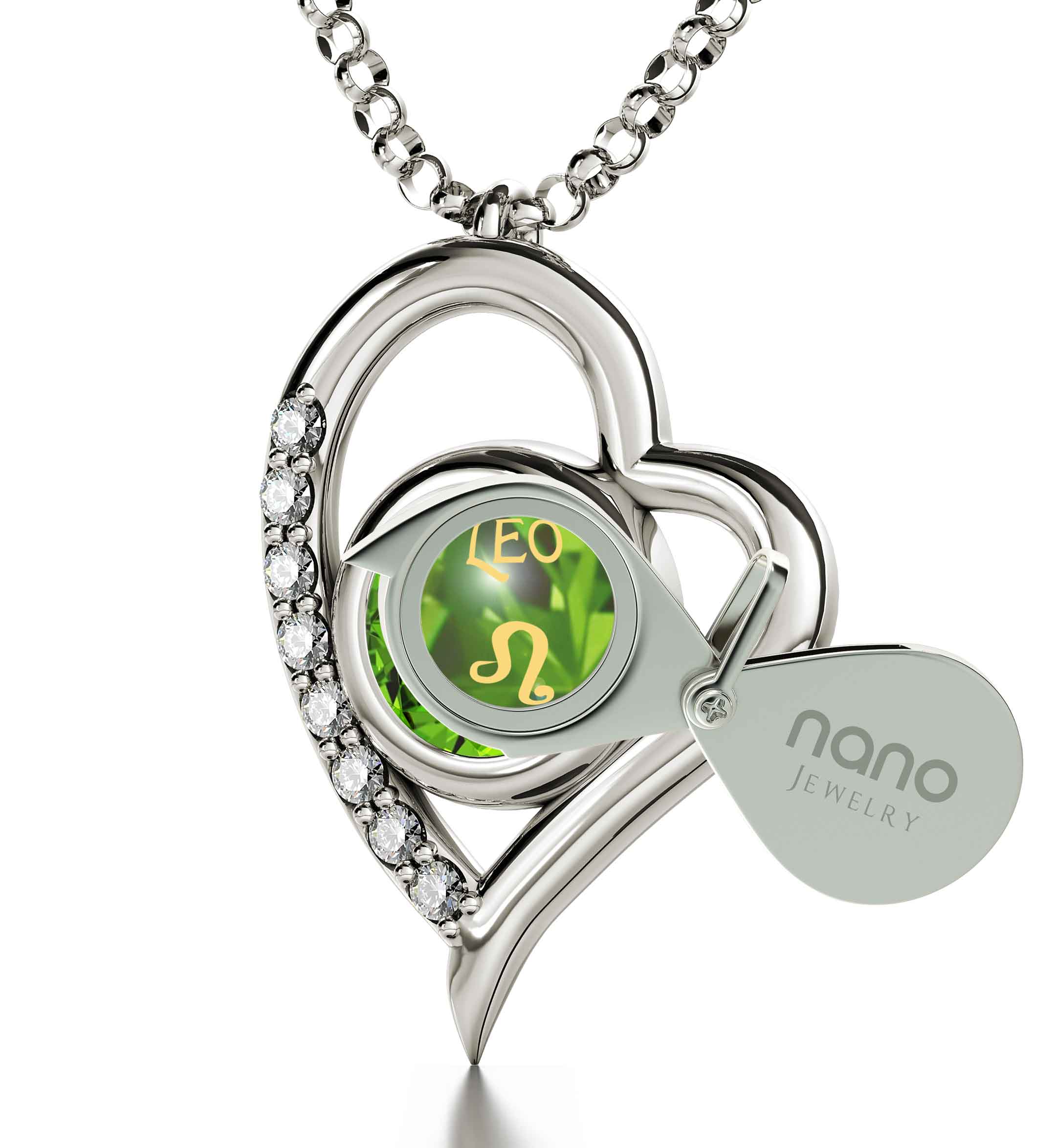 925 Sterling Silver Leo Necklace Zodiac Heart Pendant 24k Gold Inscribed on Crystal heart-shaped pendant necklace with "Leo" sign, adorned with Swarovski crystals, featuring a green inset and a tag labeled "nano jewelry.