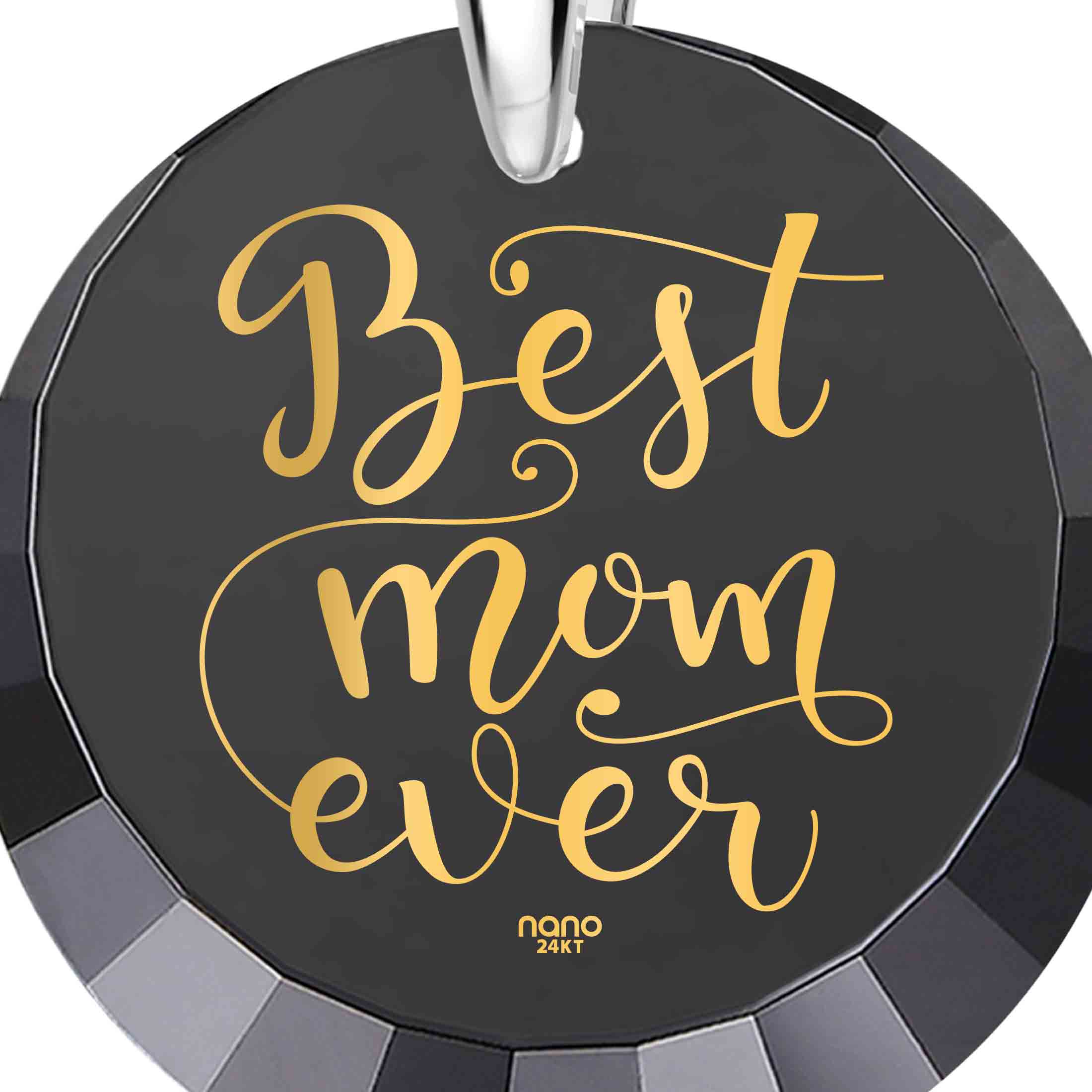 Round pendant with the inscription "best mom ever" in gold script, set in a 925 sterling silver frame with a loop for a chain. 

Best Mom Silver Necklace 24k Gold Inscribed - Mother's Day Jewelry Gift