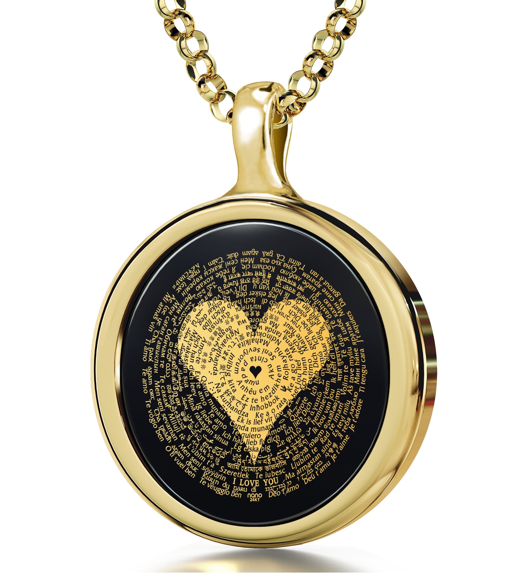 A decorative I Love You Necklace in 120 Languages featuring a spiral of "i love you" in various languages, centered around a black heart.