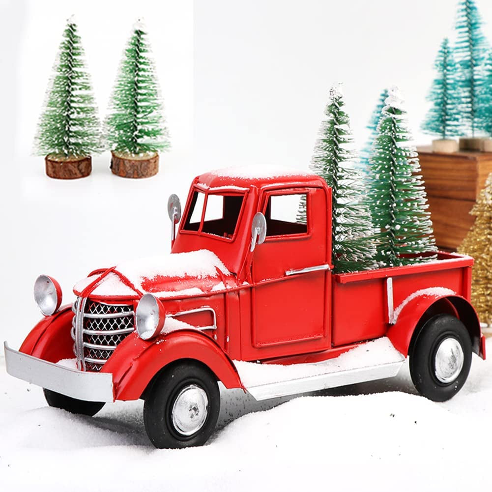 Red Truck Christmas Decor, Vintage Christmas Truck with Mini Christmas Trees for Christmas Decorations Table Top Décor Holiday Xmas Supplies