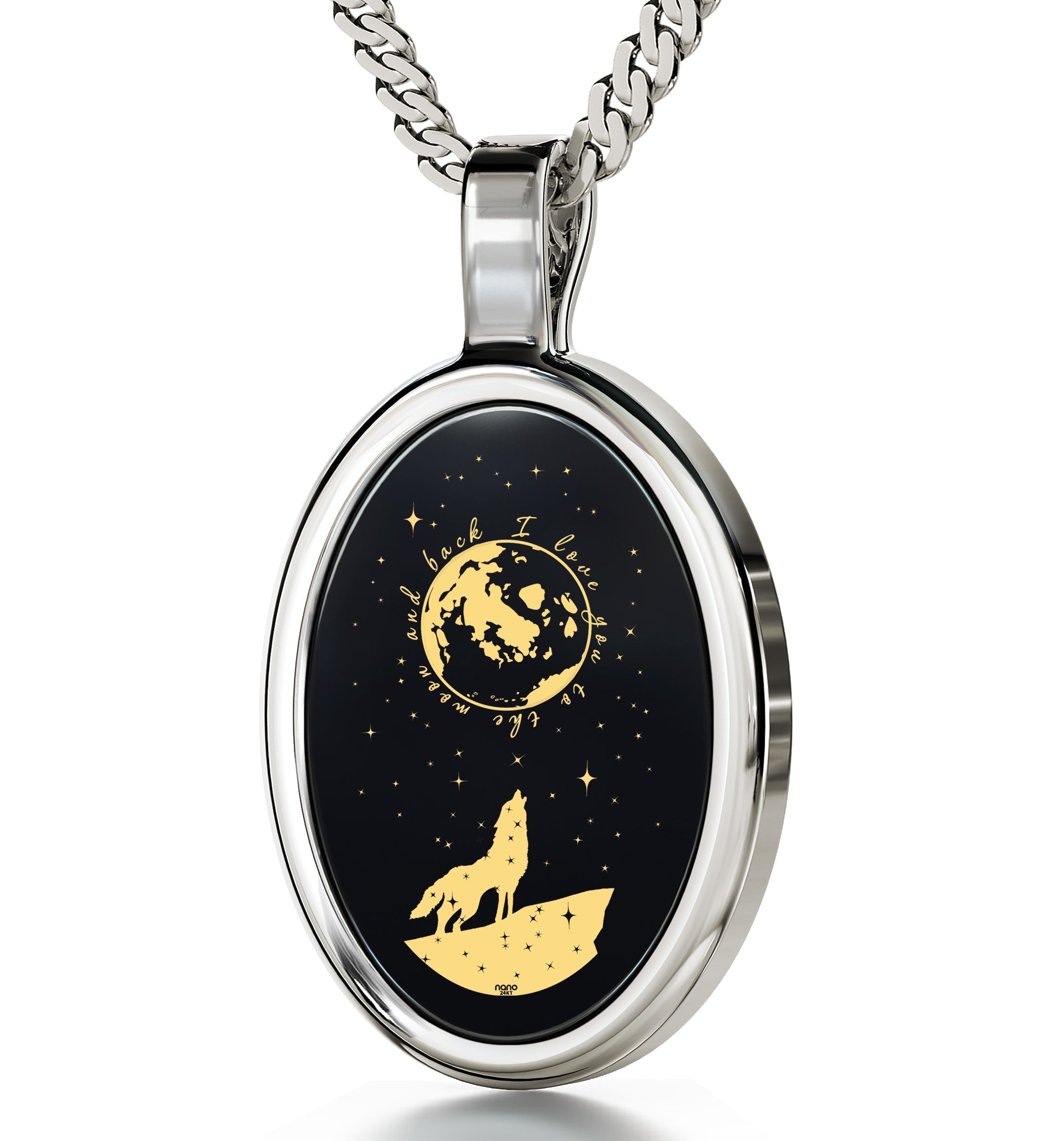 Silver locket pendant with a black and gold design featuring a howling wolf under a starry sky with the word "luck" and a small tag reading I Love You to the Moon and Back Necklace 24k Gold Inscribed on Onyx