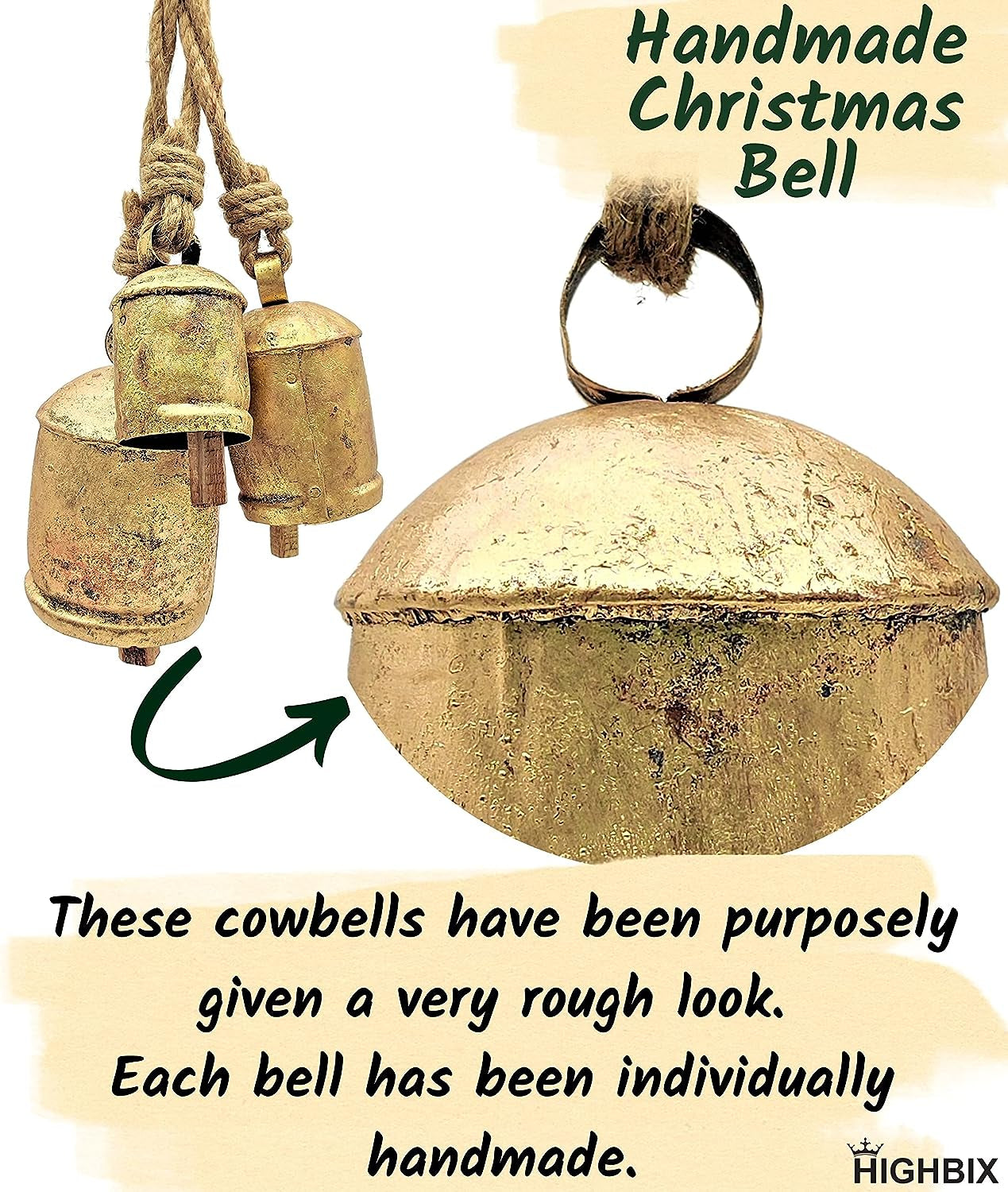 Set of 3 Harmony Cow Bells Vintage Handmade Rustic Lucky Christmas Hanging Bells on Rope