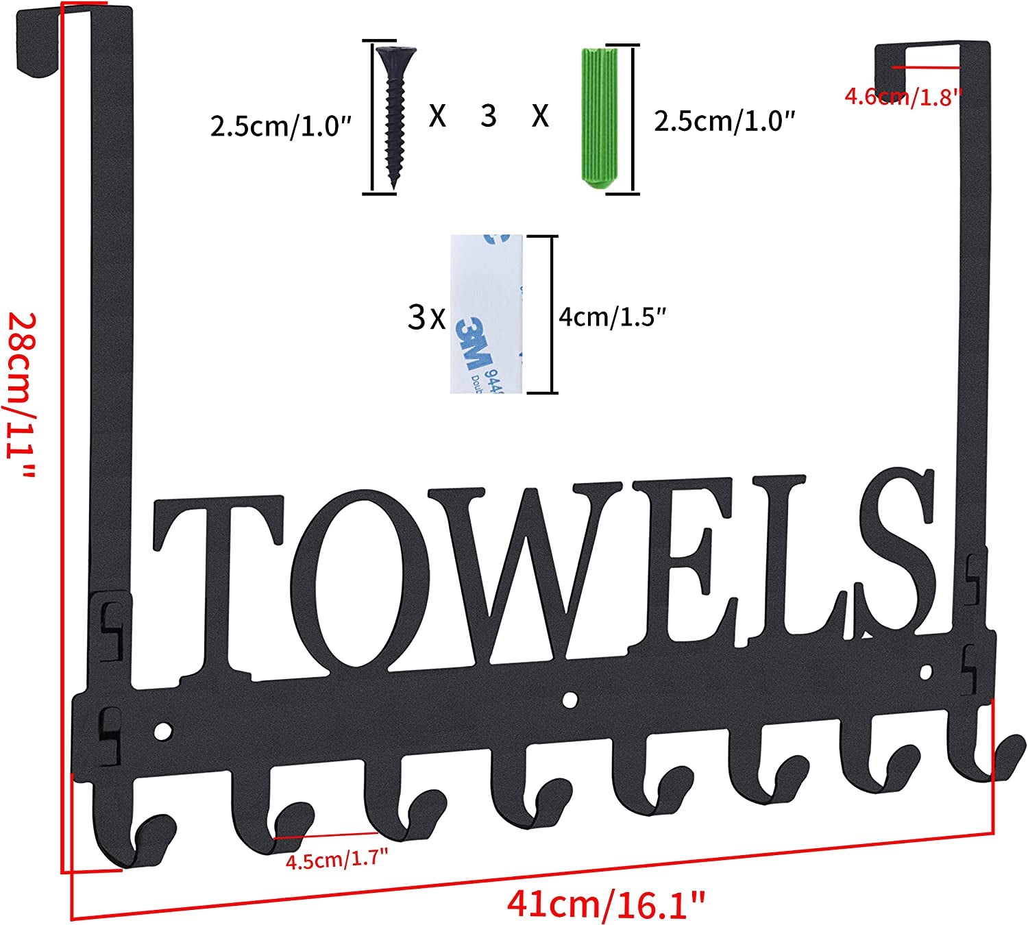 Over the Door Hooks, Towel Holder for Bathroom, Mount Rack Hooks Bathroom Kitchen Pool Beach Towels Bathrobe Wall Hanger Metal Sandblasted (Black)