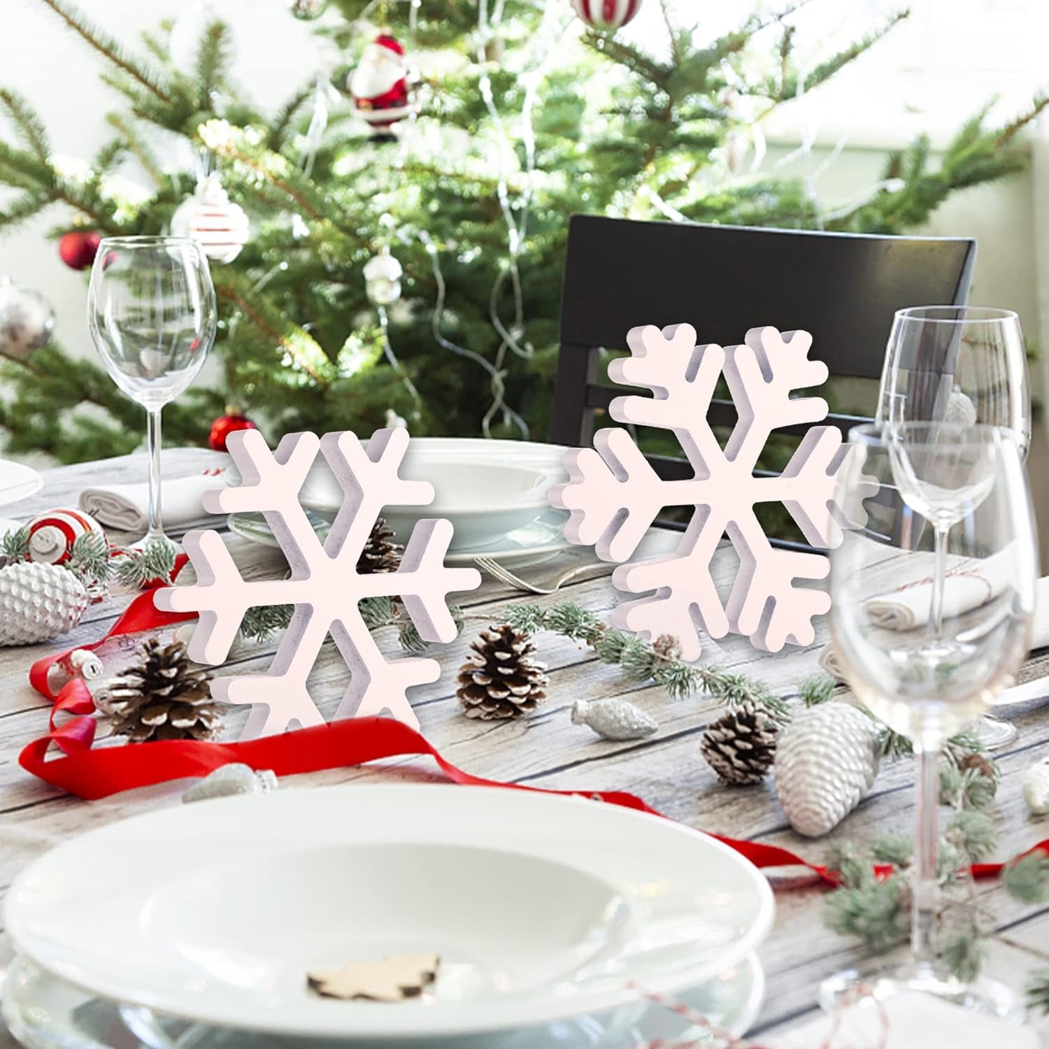 5 Pieces Christmas Wooden Snowflake Decor Winter Snowflake Wood Blocks White Snowflake Table Wood Signs Winter Tiered Tray Wooden Signs for Xmas Party Farmhouse Home Tabletop Shelves