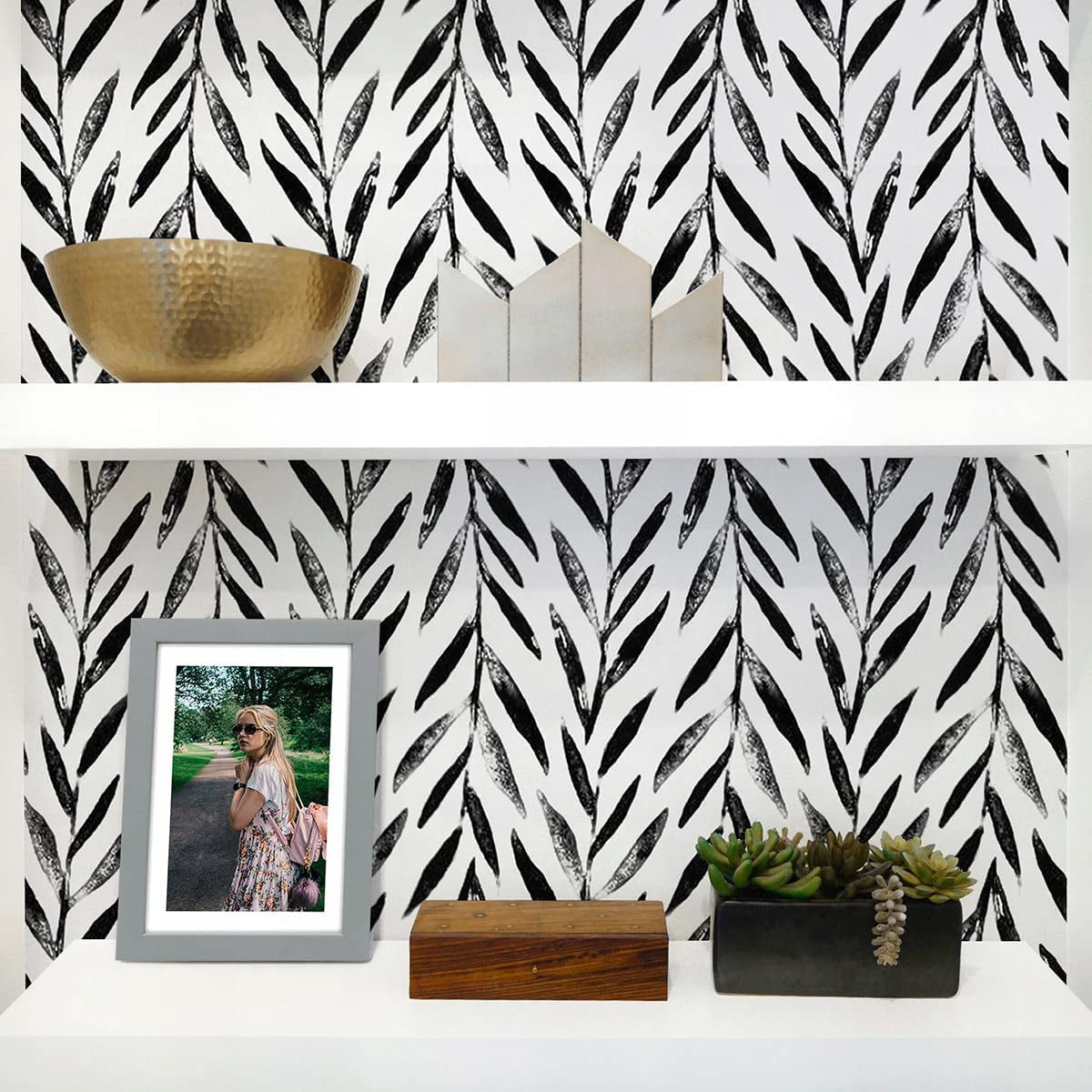 Black and White Peel and Stick Wallpaper Leaf Contact Paper 17.7 Inch × 118.1 Inch for Bathroom Self Adhesive Decorative Wall Paper