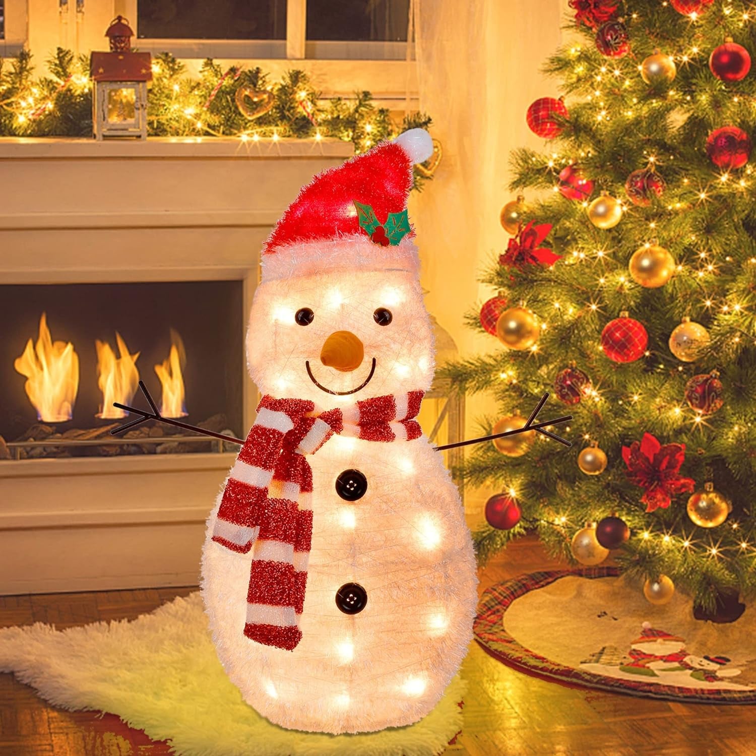 22 Inch Lighted Christmas Tinsel Snowman Decorations, Pre-Lit Light up with 25 Count Clear Incandescent Lights, Indoor or Outdoor Garden Yard Lawn Festive Holiday Decoration