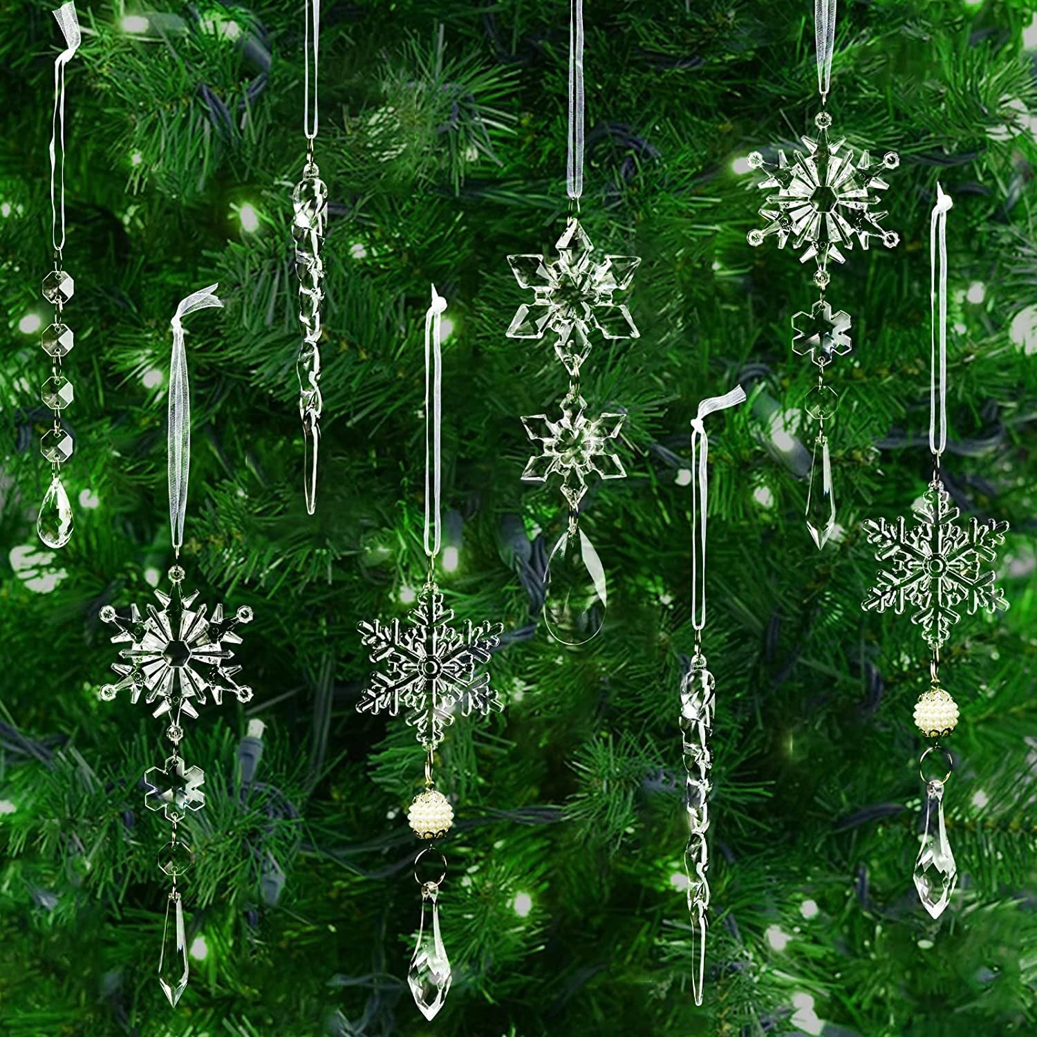 18Pcs Christmas Tree Decoration Crystal Ornaments - Hanging Acrylic Christmas Snowflake Icicle Drop Crystal Ornaments for Christmas Tree Winter New Year Party Supplies