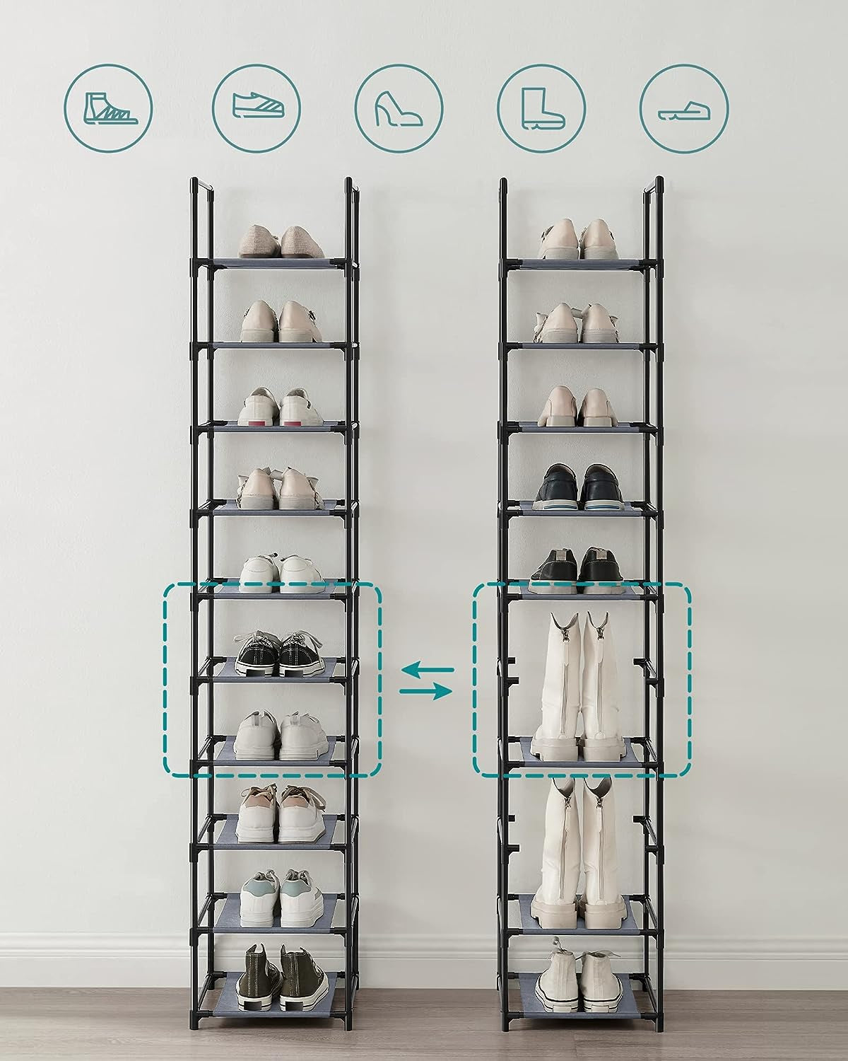 Shoe Rack, 10 Tier Shoe Shelf, Shoe Storage Organizer, Space-Saving, 13 X 13 X 68.1 Inches, Metal Frame, Non-Woven Fabric Shelves, for Entryway, Bedroom, Grey ULSR110G01