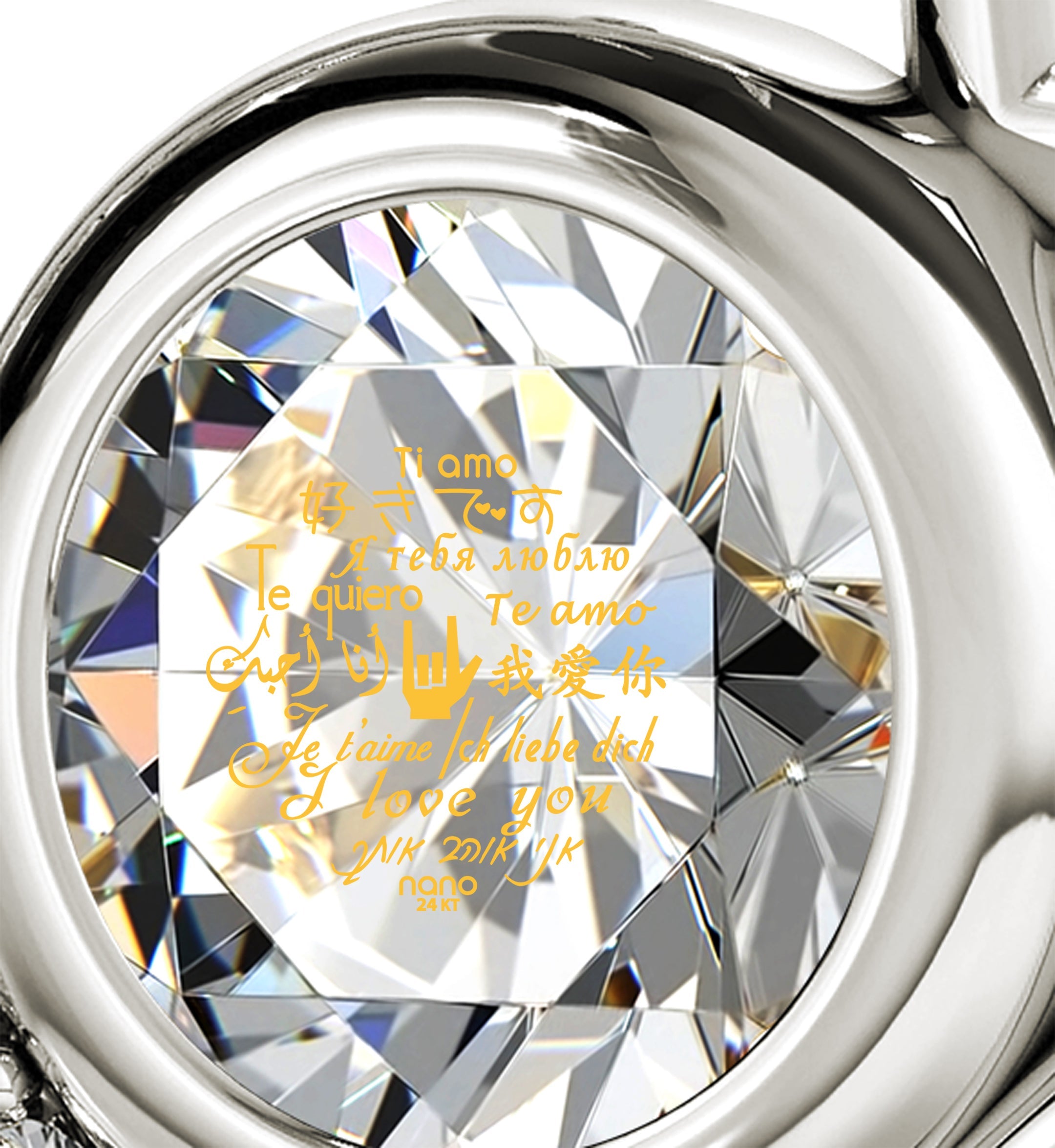 Close-up of a 925 Sterling Silver I Love You Heart Pendant Necklace with a blue gemstone inscribed with "i love you" in multiple languages, perfect as an anniversary gift.