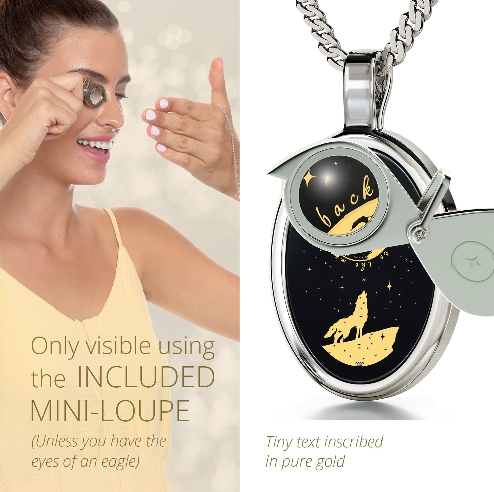 Circular "I Love You to the Moon and Back Necklace Wolf Pendant 24k Gold Inscribed on Onyx" pendant featuring a wolf howling at a stylized earth and stars, surrounded by the phrase "I love you to the moon and back," highlighted with 24k gold detail.