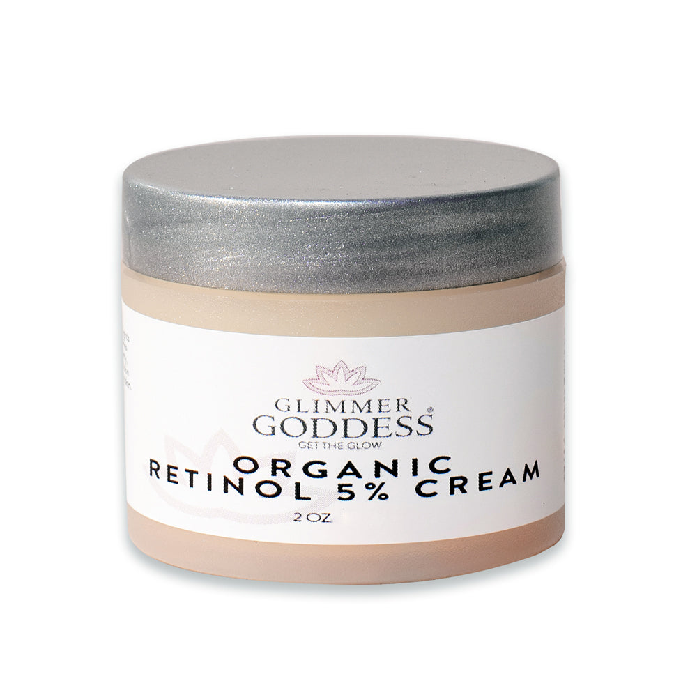 A jar of Organic Retinol Cream 5% - Nightly Skin Brightener for sensitive skin with a detailed label including usage instructions and ingredients.