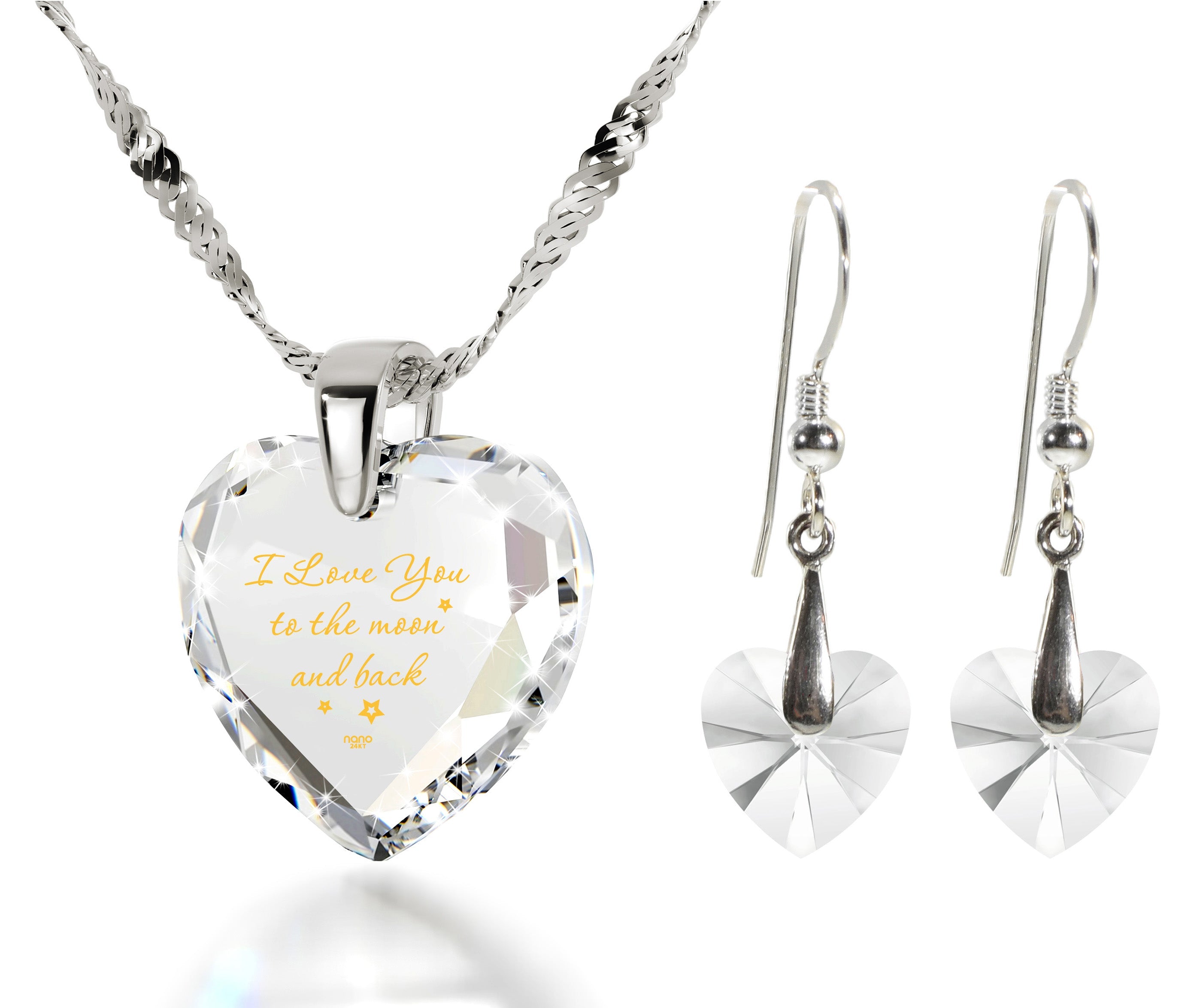 Heart-shaped pendant with the inscription "I Love You to the Moon and Back Necklace 24k Gold Inscribed" in gold script, set against a sparkling cubic zirconia background.