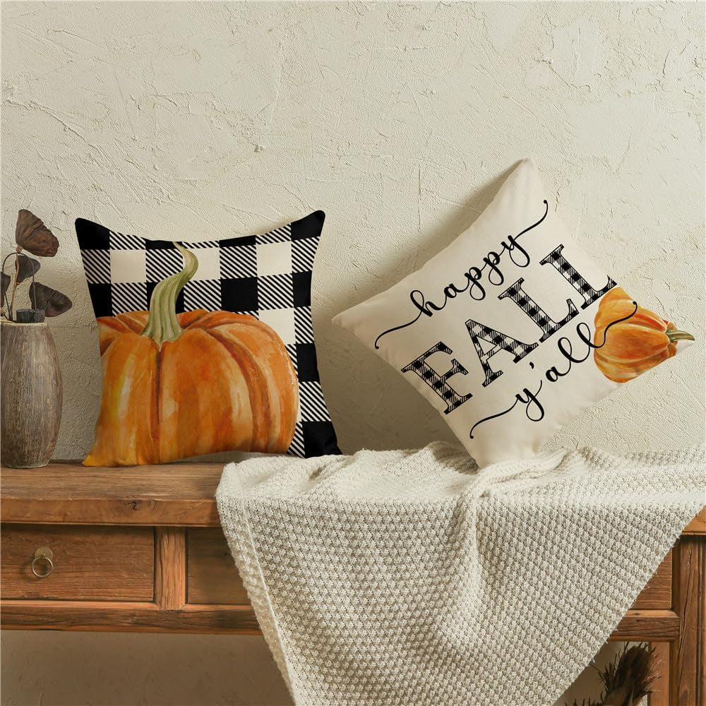 Fall Pillow Covers 18×18 Set of 4 Fall Decorations Autumn Pillow Covers Buffalo Plaid Pumpkin Pillow Covers Holiday Rustic Linen Fall Pillow Case for Sofa Couch