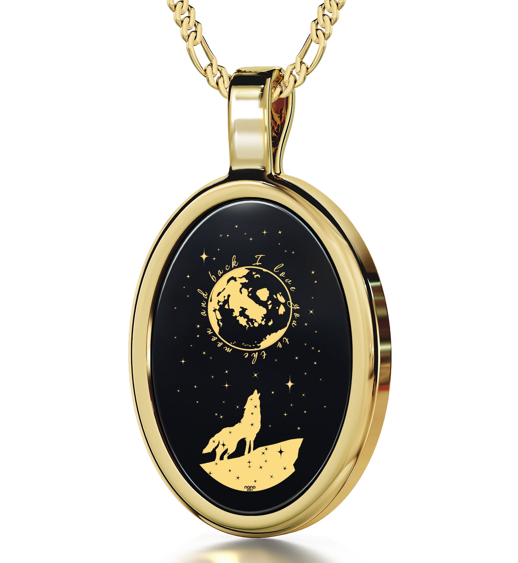 Circular "I Love You to the Moon and Back Necklace Wolf Pendant 24k Gold Inscribed on Onyx" pendant featuring a wolf howling at a stylized earth and stars, surrounded by the phrase "I love you to the moon and back," highlighted with 24k gold detail.