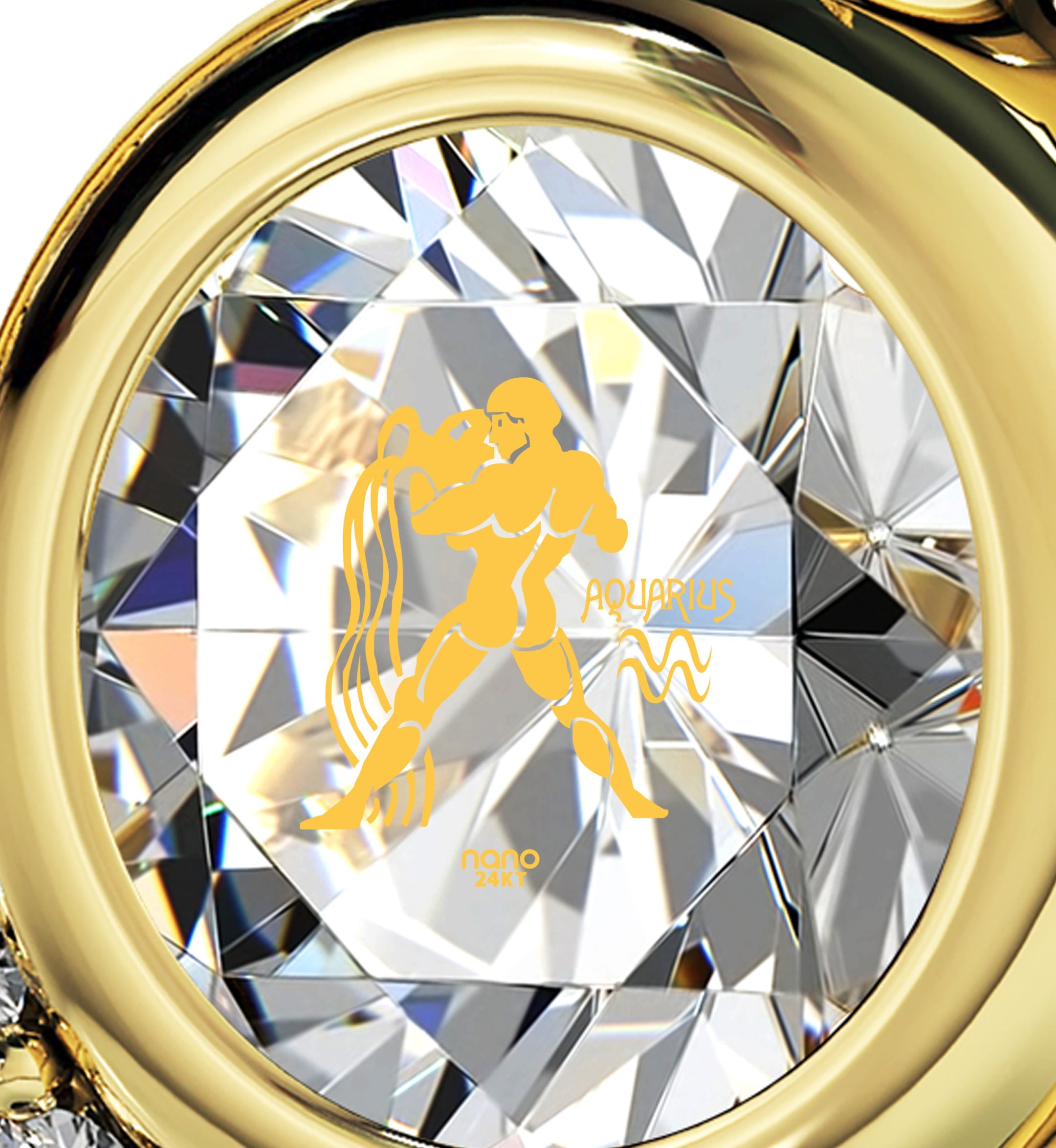 A decorative Gold Plated Silver Zodiac Heart Pendant Aquarius Necklace with a golden depiction of the water bearer, centered on a purple, Swarovski crystal background, encased in a gold frame.