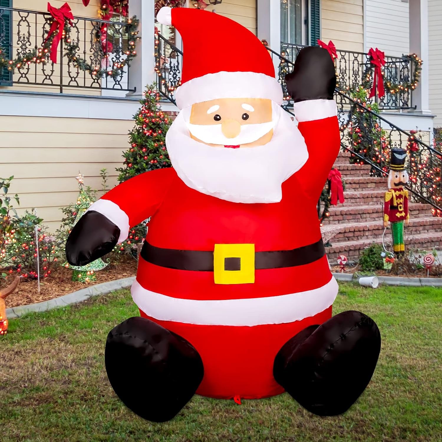 4 FT Christmas Inflatable Santa Claus with Built-In LED Light, Light up Santa Sitting Raising Hand Outdoor Christmas Decoration, Blow up Yard Decoration for Xmas Garden Lawn Party Yard