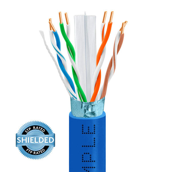 A blue Wavenet 1367-N Cat6 Shielded CMR 600MHZ STP/FTP Ethernet Bulk Cable with a shielded cable.