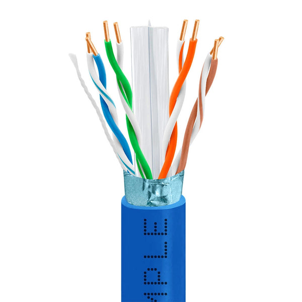 A blue Wavenet 1367-N Cat6 Shielded CMR 600MHZ STP/FTP Ethernet Bulk Cable with a shielded cable.