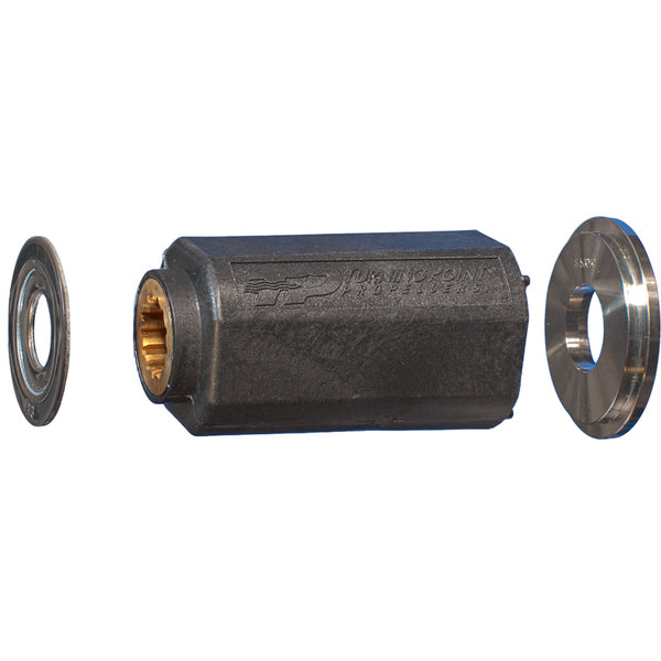 A black metal tube with a nut and a washer, called Turning Point Hub Kit #503.