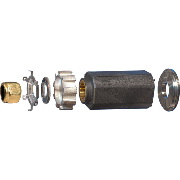 A set of brass fittings and nuts on a white background.