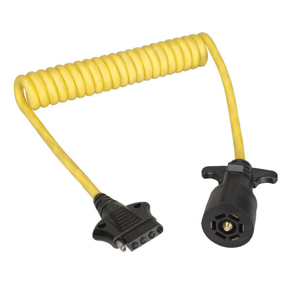 A Wesbar 7-Way Trailer to 5-Way Flat Car End Coiled Jumper w/ 4ft cable with a black plug.