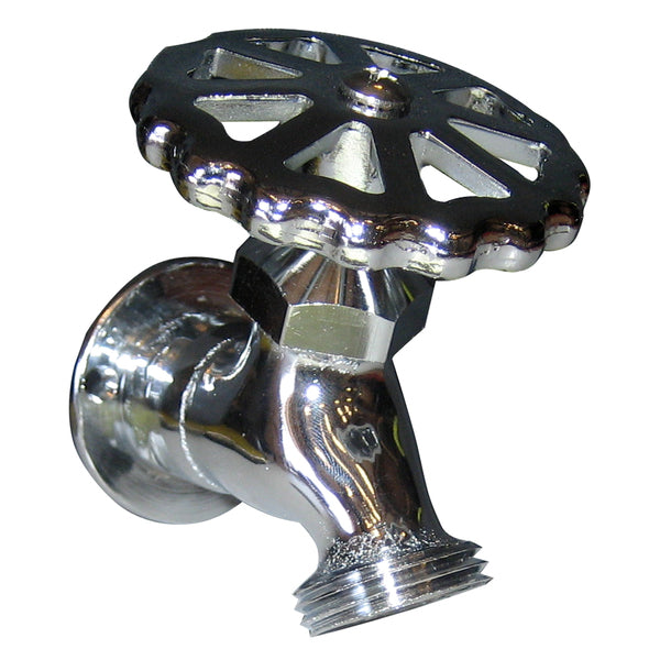 A Whitecap C.P. Brass Sillcock 1-5/8" Base 3-3/16 Depth with a metal handle on a white background.