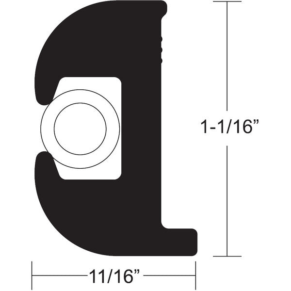 A diagram illustrating the dimensions of a TACO Flex Vinyl Rub Rail Kit - Black with White Insert - 50' - 1-1/16" x 11/16" door handle.