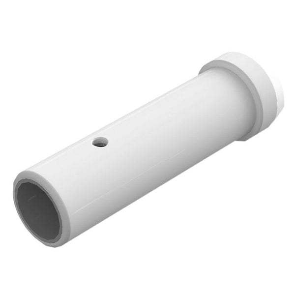 A white plastic tube with a hole in it, ideal for use with TACO Marine outrigger poles and GS-170 mounts. The TACO Base Reducer - Pair enhances stability and functionality.