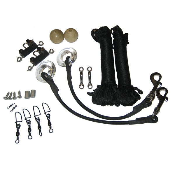 A TACO Standard Rigging Kit of black ropes, hooks, and other accessories.