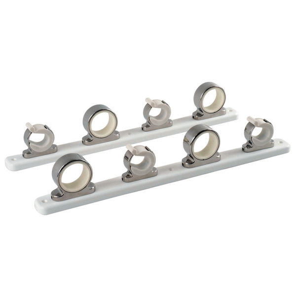 A TACO 4-Rod Hanger with Poly Rack - Polished Stainless Steel with four metal rings on it.