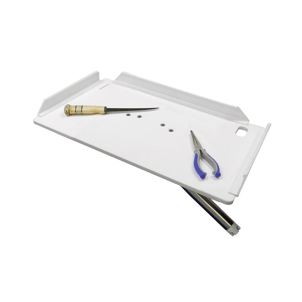 A white TACO 20" Poly Filet Table w/Adjustable Gunnel Mount - White with a pair of scissors and a pair of scissors.