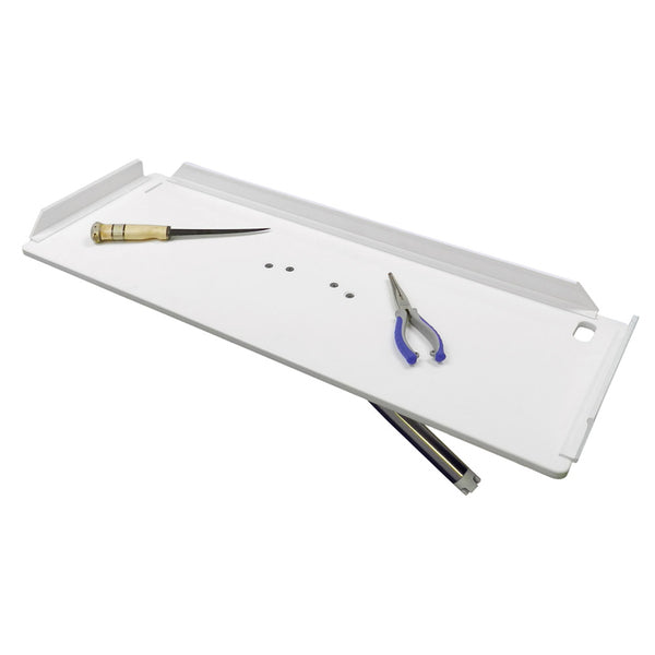 A TACO 32" Poly Filet Table w/Adjustable Gunnel Mount - White with a pair of scissors and pliers.