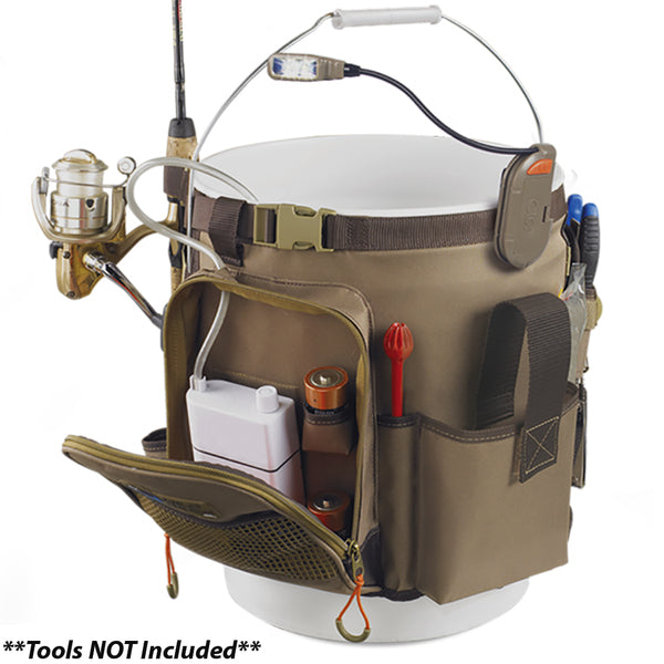 A Wild River RIGGER 5 Gallon Bucket Organizer w/Light, Plier Holder & Retractable Lanyard filled with fishing tools and equipment, including a plier holder.