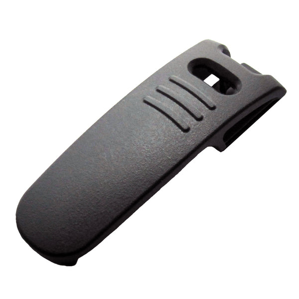 A Standard Horizon CLIP-24 Belt Clip f/HX150/HX100 - Black plastic handle on a white background.