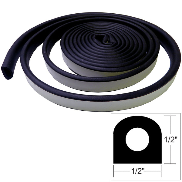 A black and white TACO Weather Seal - 10'L x ½"W x ½"H - Black designed specifically for boat interiors in the marine environment. This weather seal includes a measurement function to ensure a perfect fit.