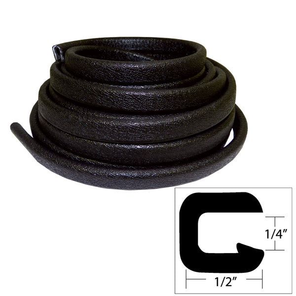 A black TACO Flexible Vinyl Trim - ¼" Opening x ½"W x 25'L - Black belt with the letter c on it.
