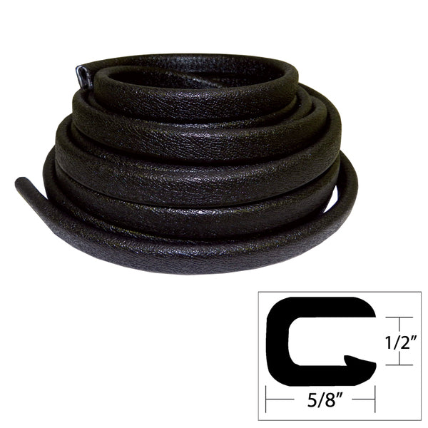 A TACO Flexible Vinyl Trim - &#189;" Opening x &#8541;"W x 25'L - Black belt with the letter c on it.