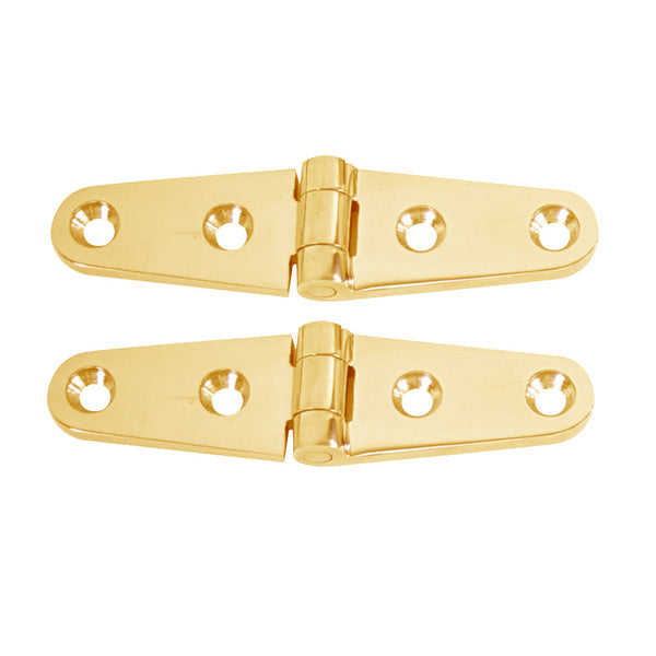 A pair of Whitecap Strap Hinges - Polished Brass - 4" x 1" - on a white background.