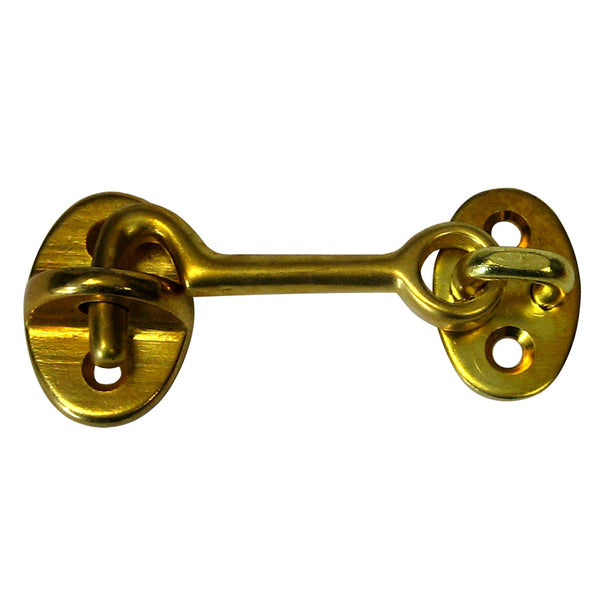 A Whitecap Cabin Door Hook - Polished Brass - 2" latch on a white background.