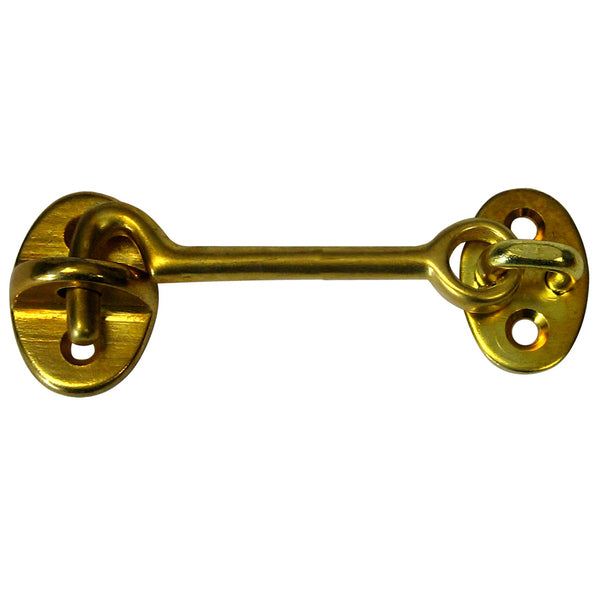 A Whitecap Cabin Door Hook - Polished Brass - 3" with two holes on a white background.