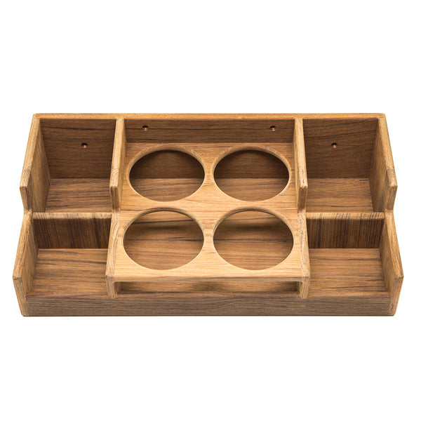 A Whitecap Teak Bar Rack with four compartments, perfect for organizing glasses or bottles on a bar rack.