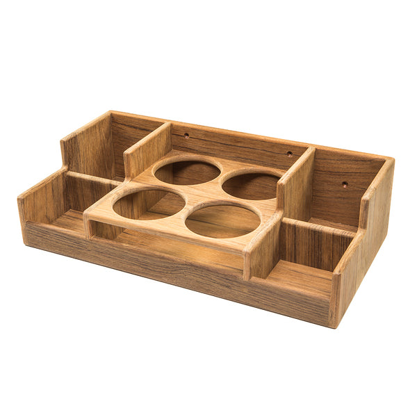 A Whitecap Teak Bar Rack with four compartments, perfect for organizing glasses or bottles on a bar rack.