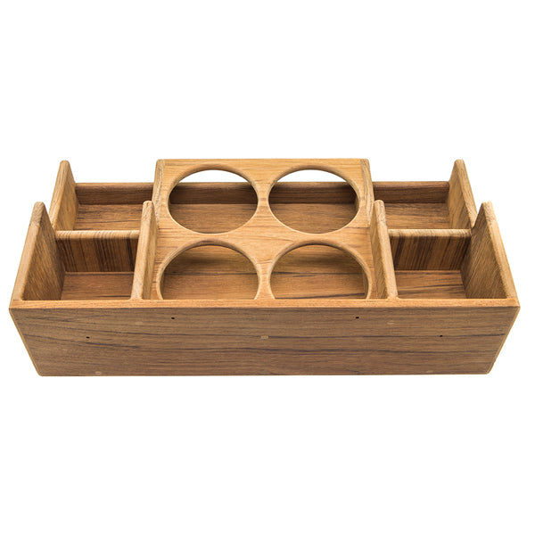 A Whitecap Teak Bar Rack with four compartments, perfect for organizing glasses or bottles on a bar rack.