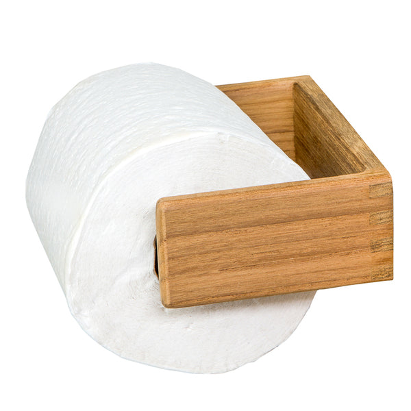 A Whitecap Teak Toilet Tissue Rack with a wooden handle and a wooden screw.